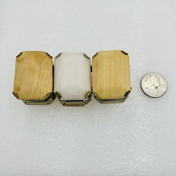 Vintage Large Panel Cuff Style Bracelet Wood Acrylic Rectangles Stretch 7" - Picture 2 of 2